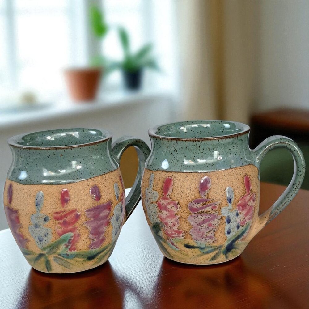 Set of Two Beautiful Pottery mug 4" tall marked on bottom MKS floral NICE